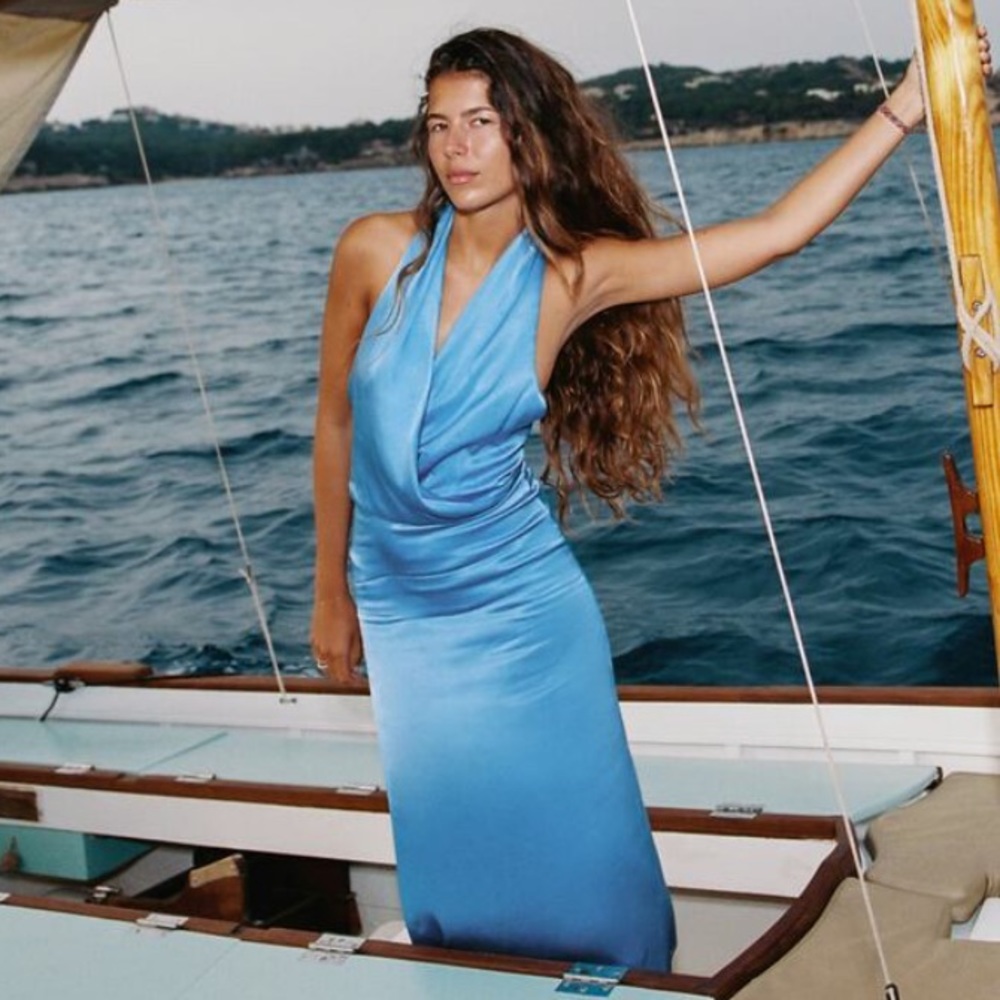 ZARA SATIN MIDI LIGHT BLUE DRESS